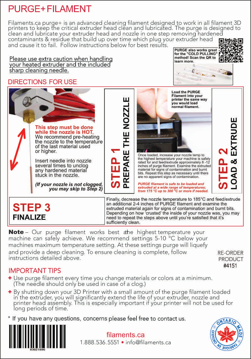 Purge cleaning filament for 3D printers Canada