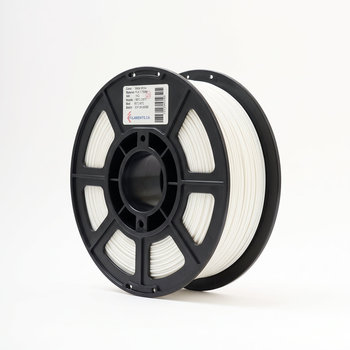Standard PLA Matte White 1.75mm filament on a plastic spool